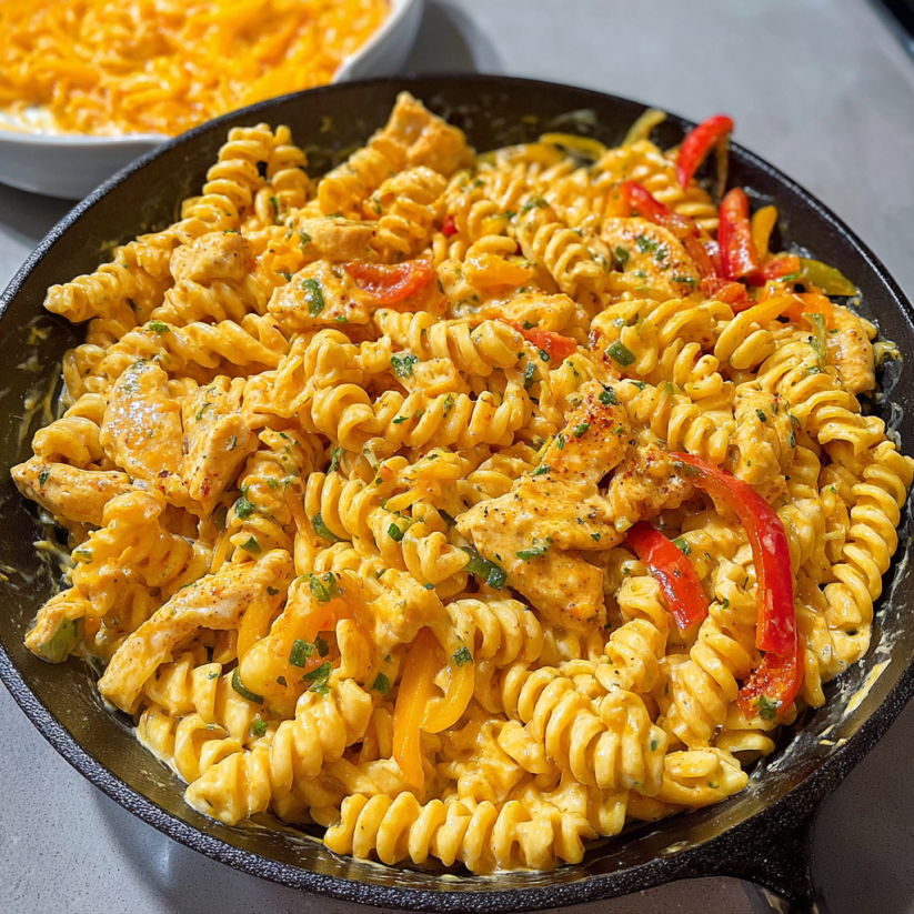 A pan of pasta with chicken and peppers.