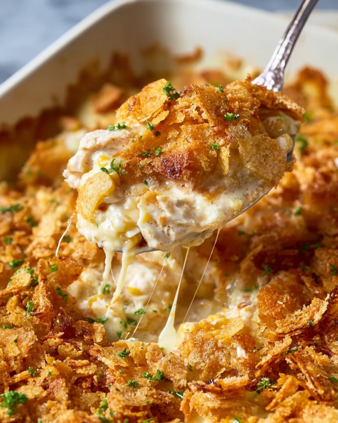 A spoon is in a bowl of Million Dollar Chicken Casserole.