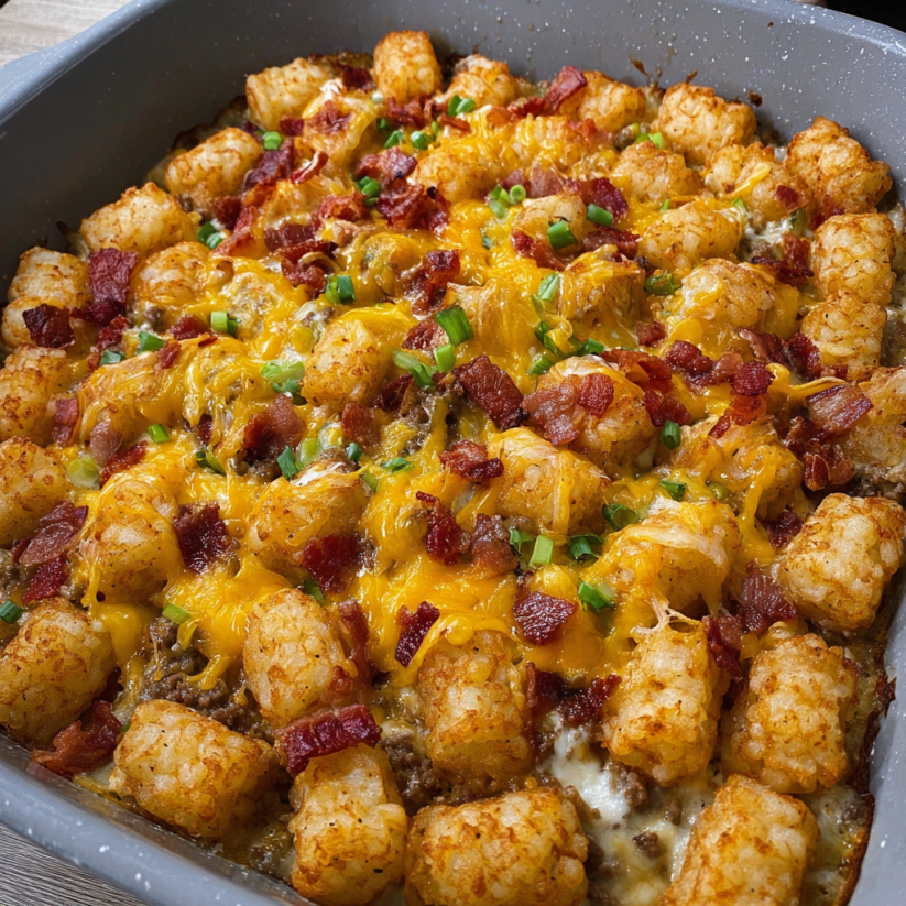 A delicious bacon cheeseburger tater tot casserole.