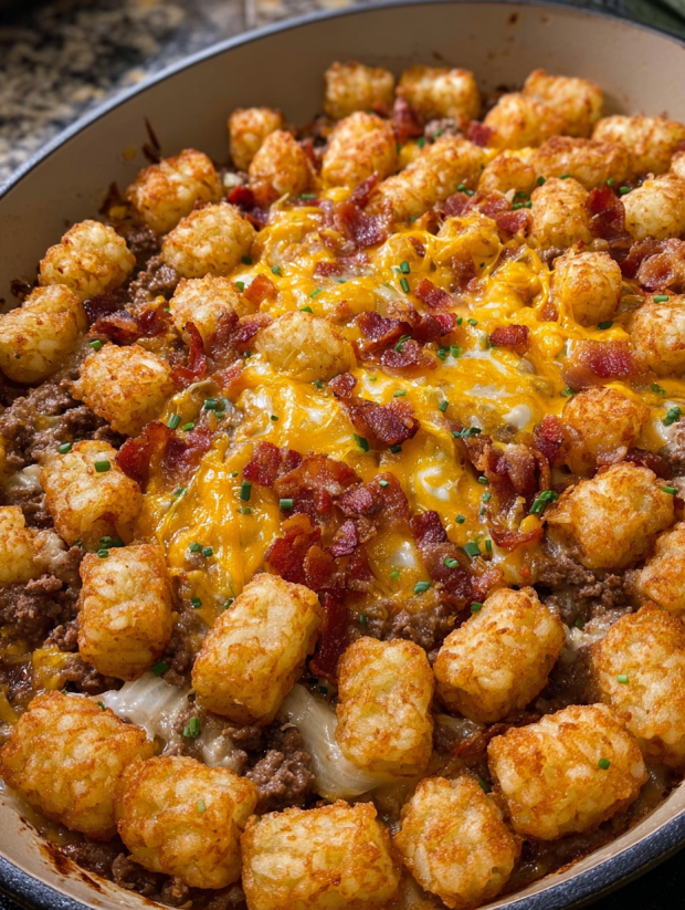 A delicious bacon cheeseburger tater tot casserole.