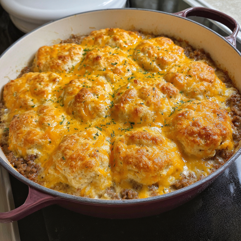 A casserole dish filled with cheddar bay hamburger.