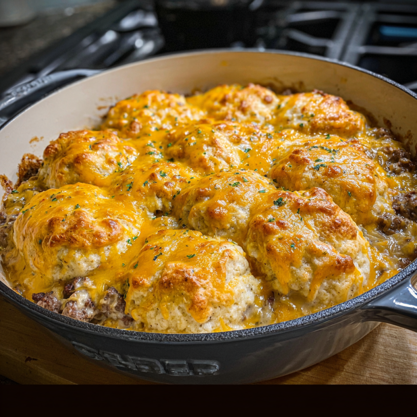 A pan of cheddar bay hamburger casserole.