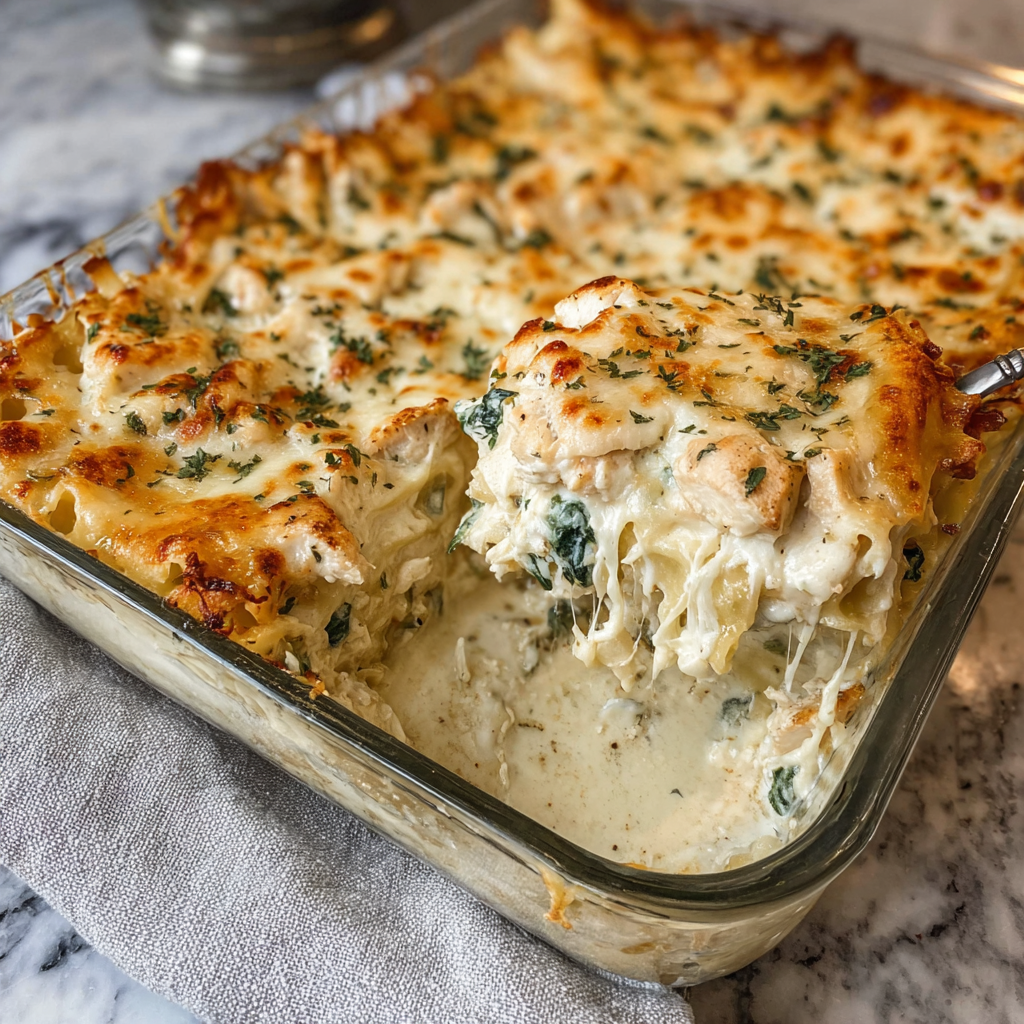 A pan of chicken Alfredo lasagna.