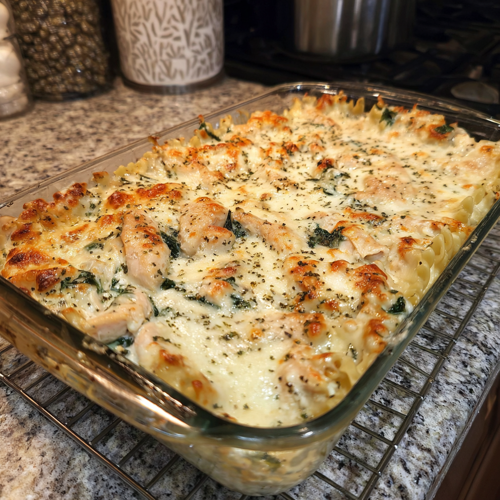 A pan of chicken Alfredo lasagna.