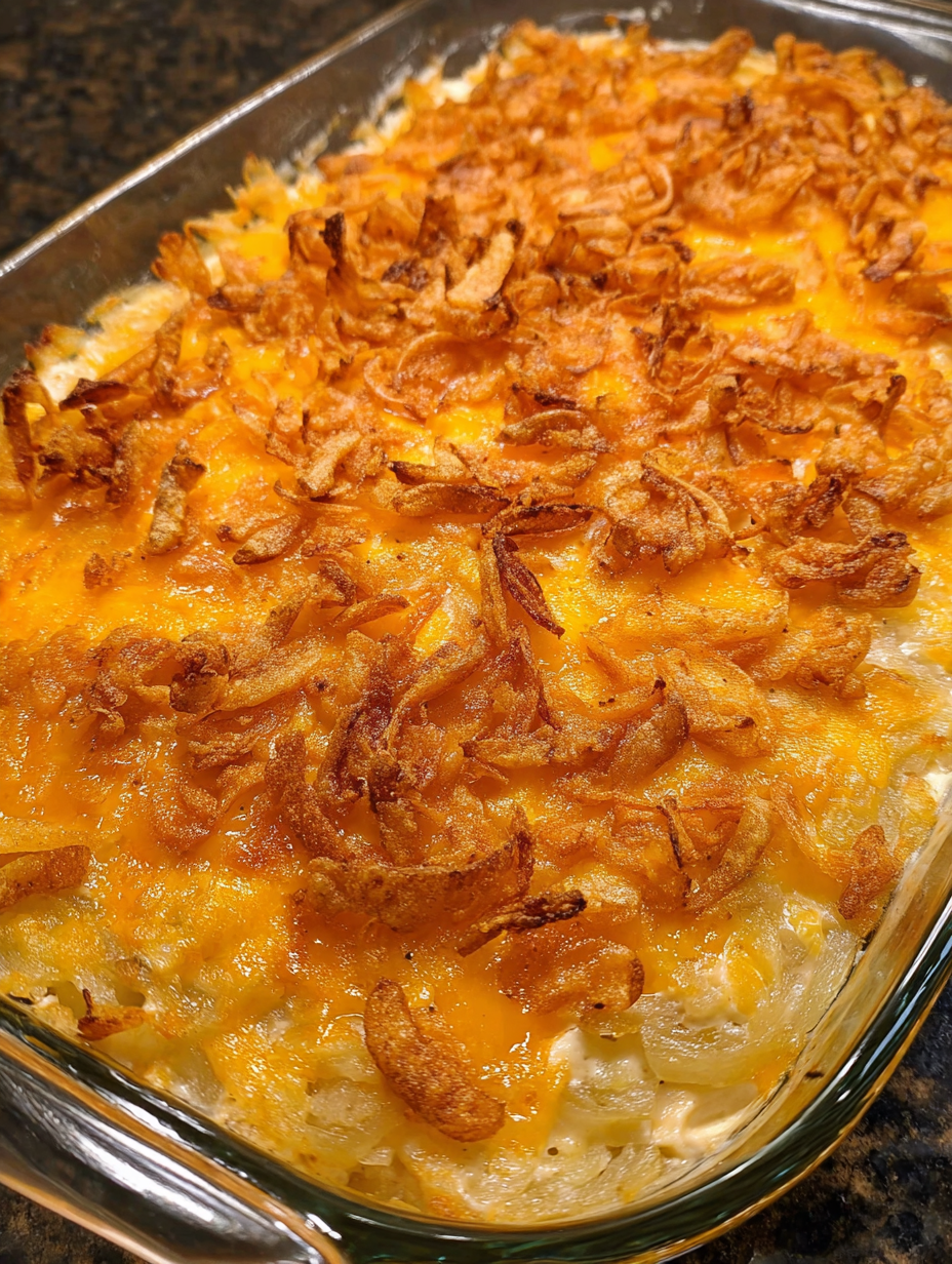 A casserole with french onions and chicken.