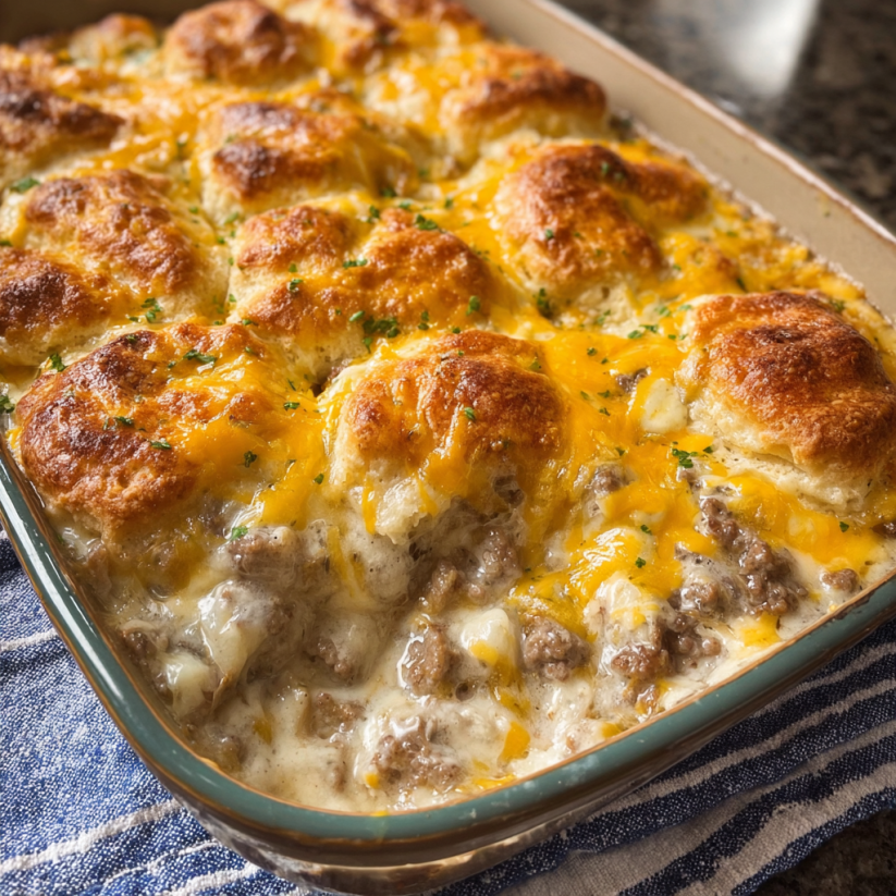 A casserole dish filled with biscuits and sausage gravy.