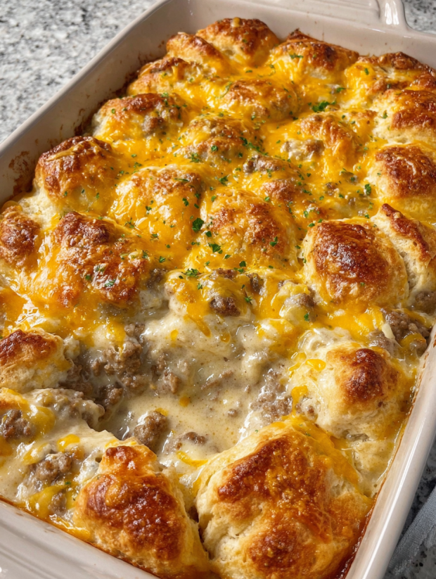A pan of biscuits and sausage gravy casserole.