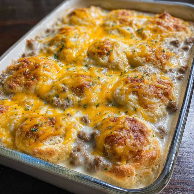 A pan of biscuits and sausage gravy casserole.