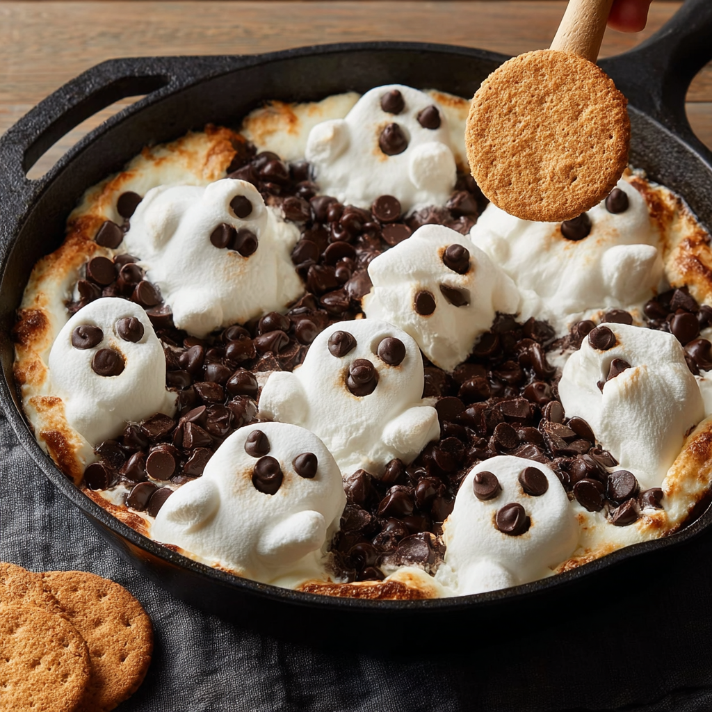 A pan of ghost s'mores dip.