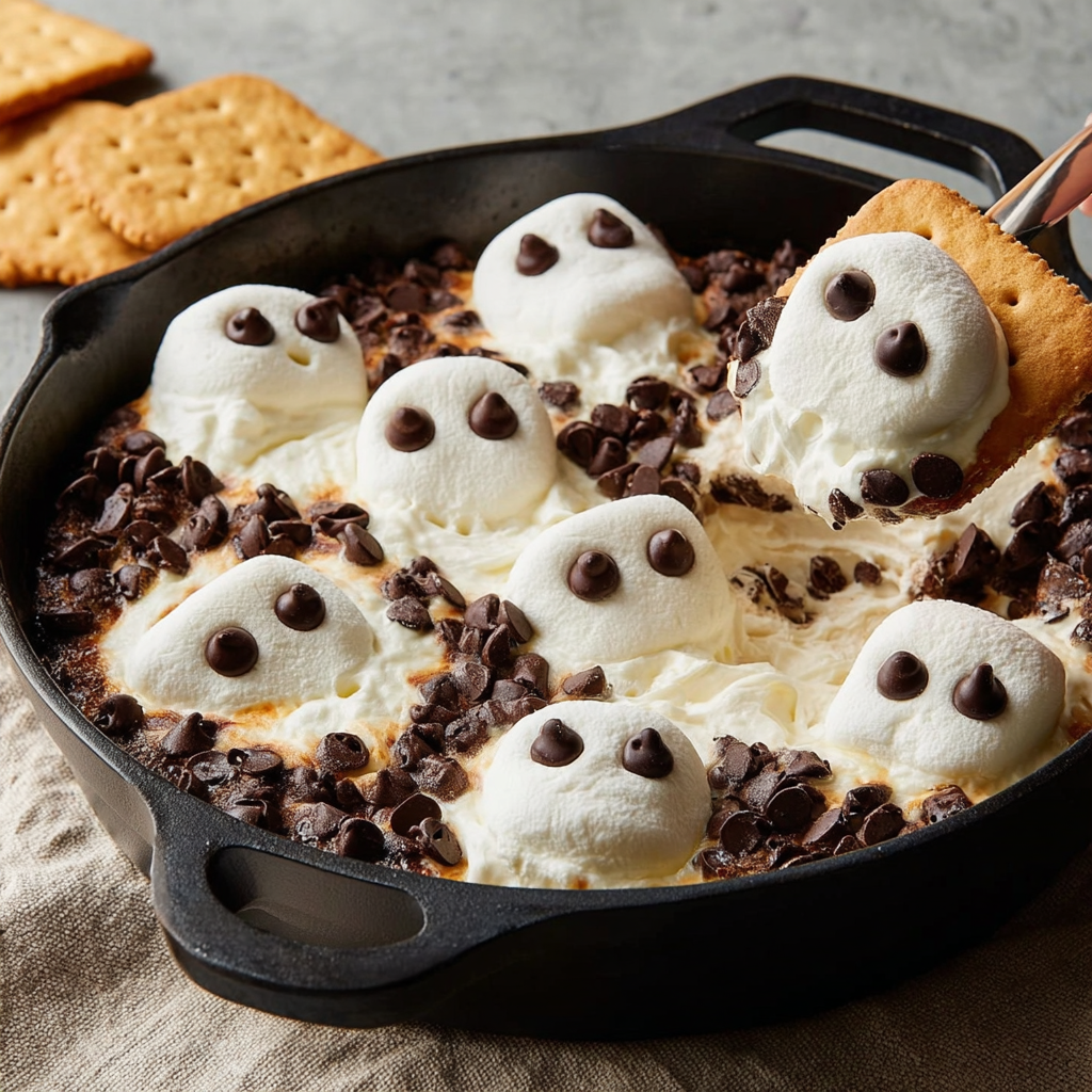 A pan of ghost s'mores dip.