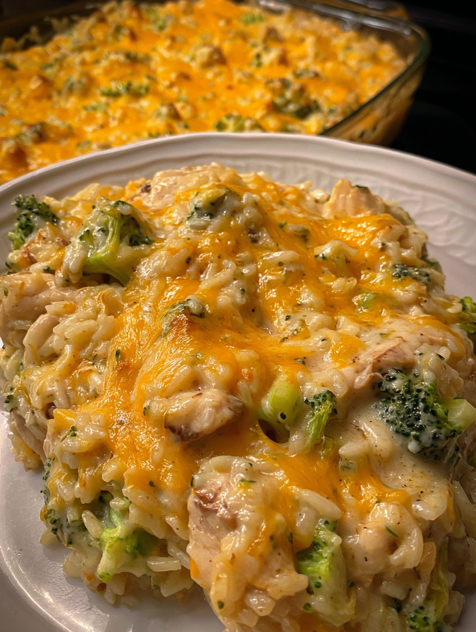 A plate of cheesy chicken broccoli rice casserole.