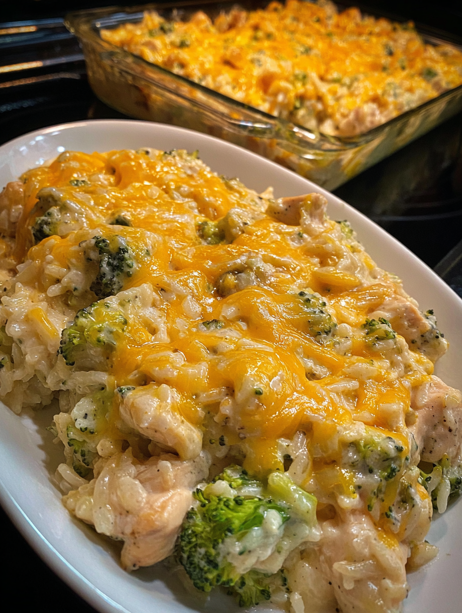 A dish of cheesy chicken broccoli rice casserole.
