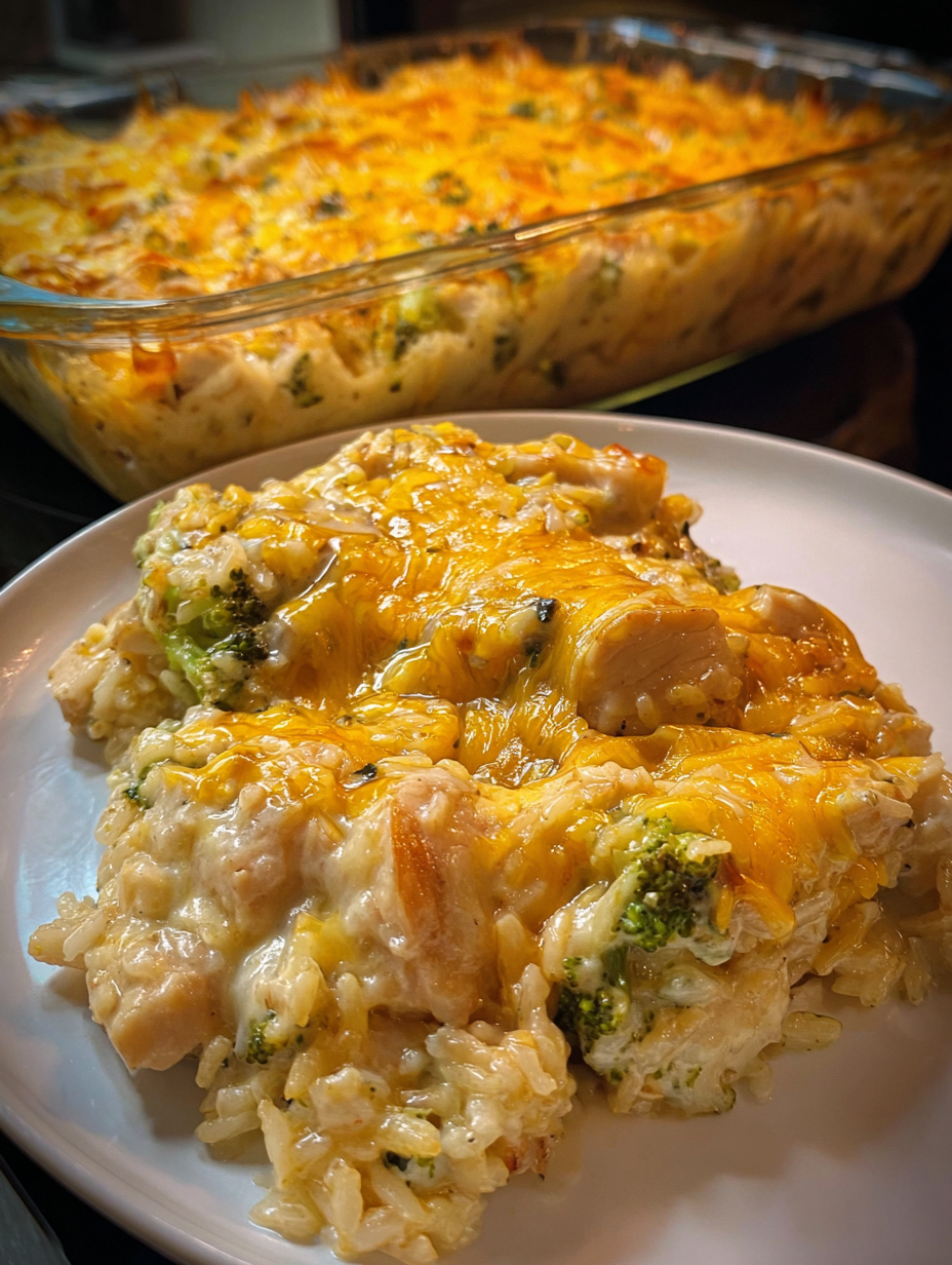A plate of cheesy chicken broccoli rice casserole.