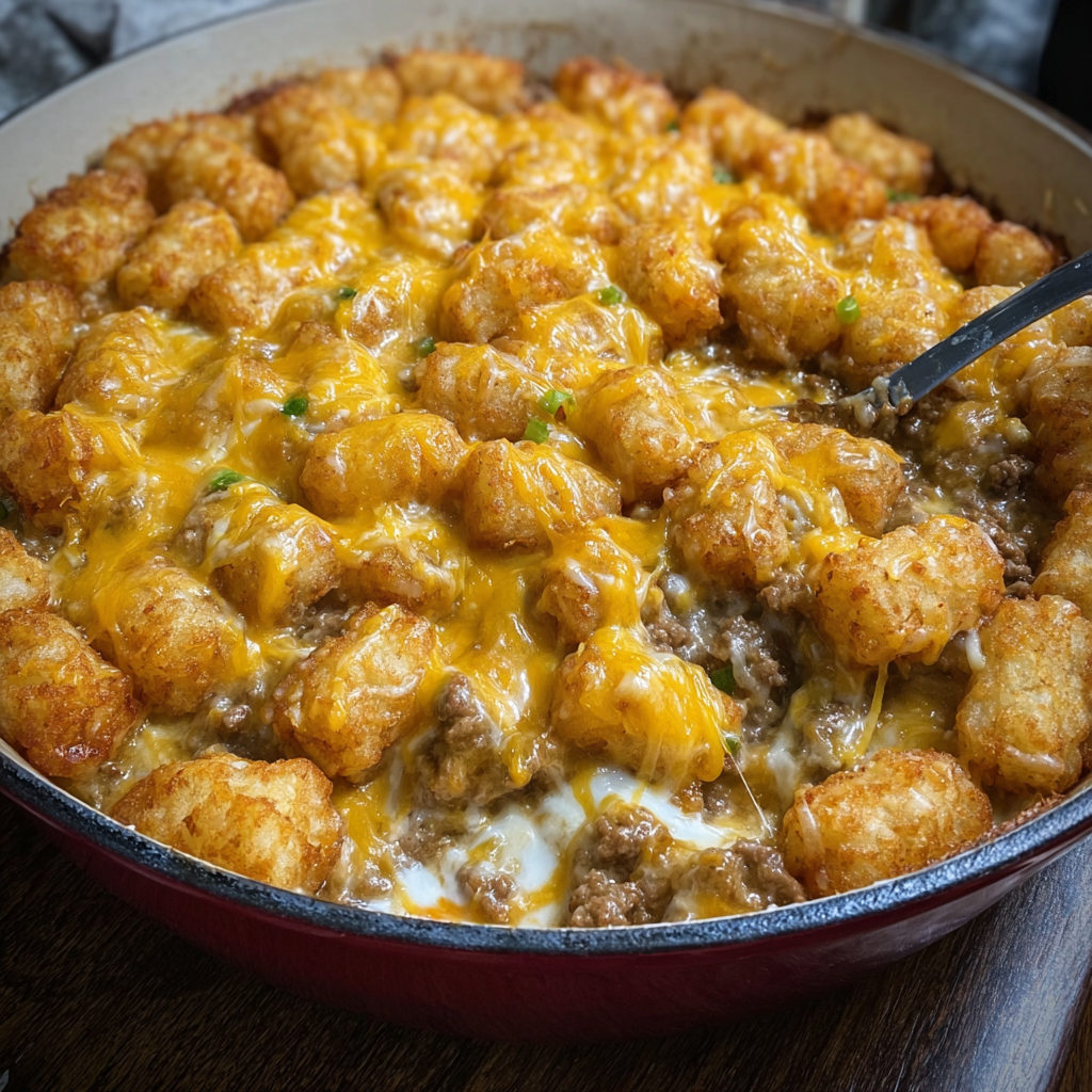 A cheesy tater tot casserole in a red bowl.
