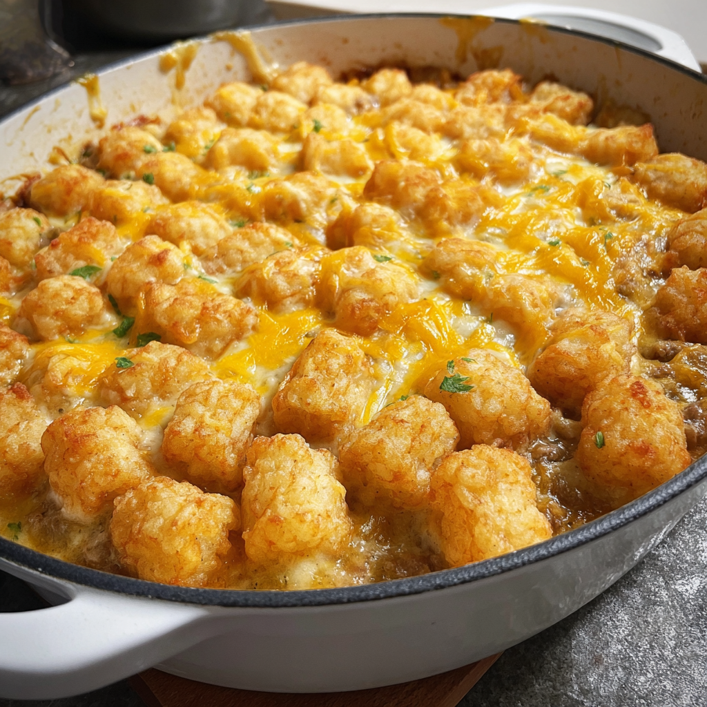 A cheesy tater tot casserole in a pan.