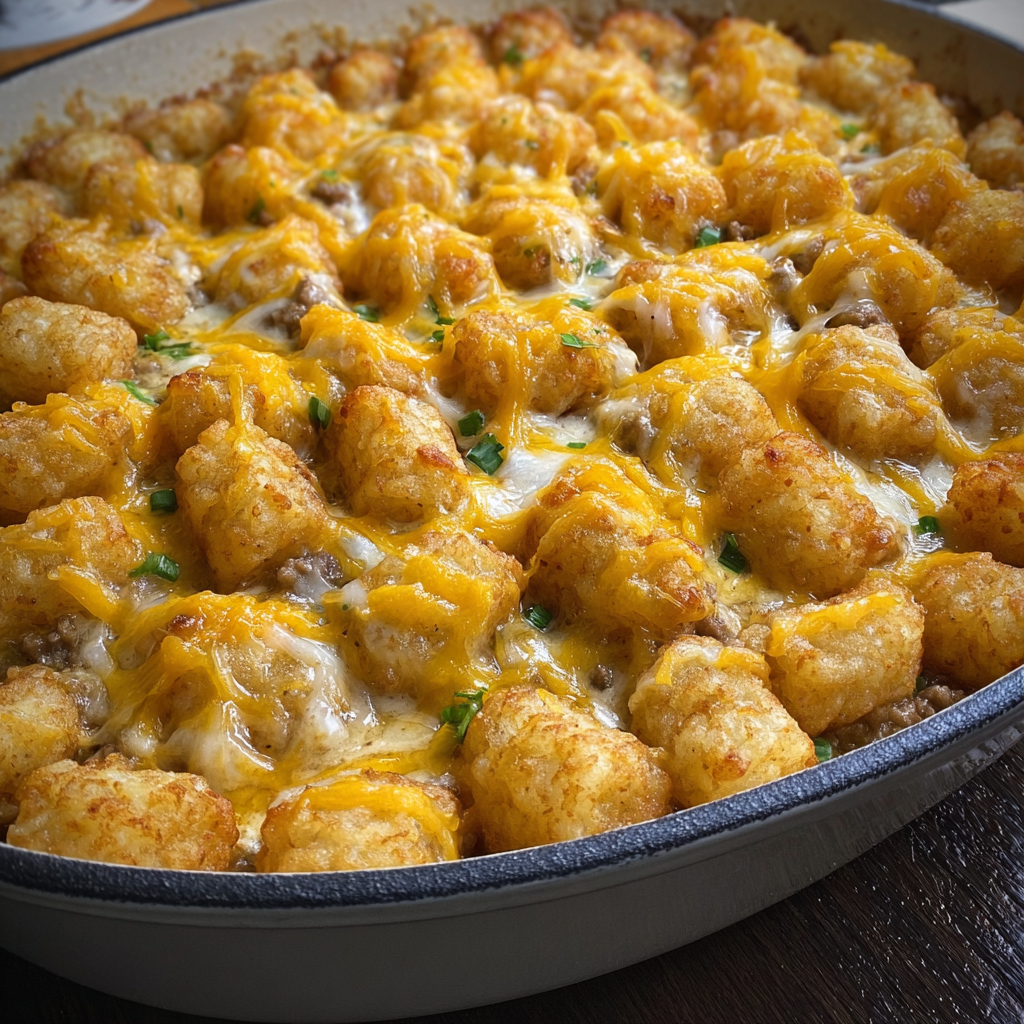A cheesy tater tot casserole in a pan.