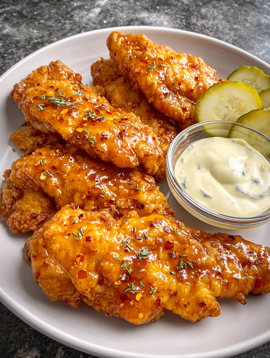 A plate of hot honey chicken tenders.