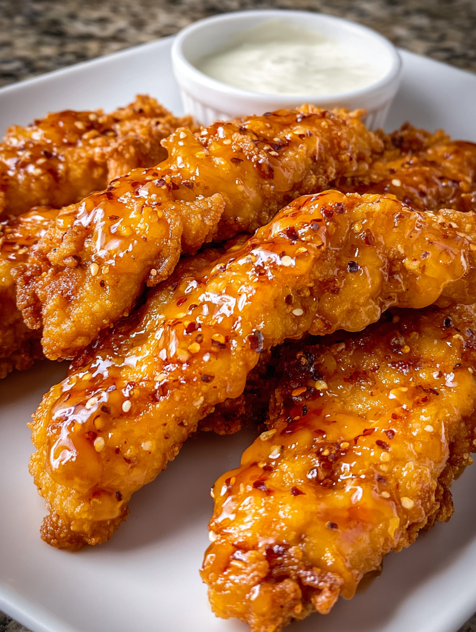 Hot honey chicken tenders on a plate.