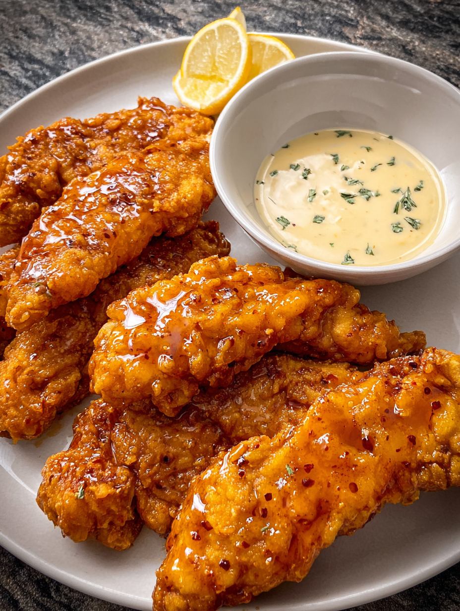 A plate of hot honey chicken tenders.