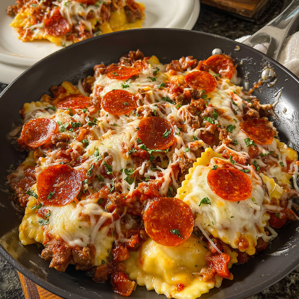 A delicious cheesy pizza ravioli.
