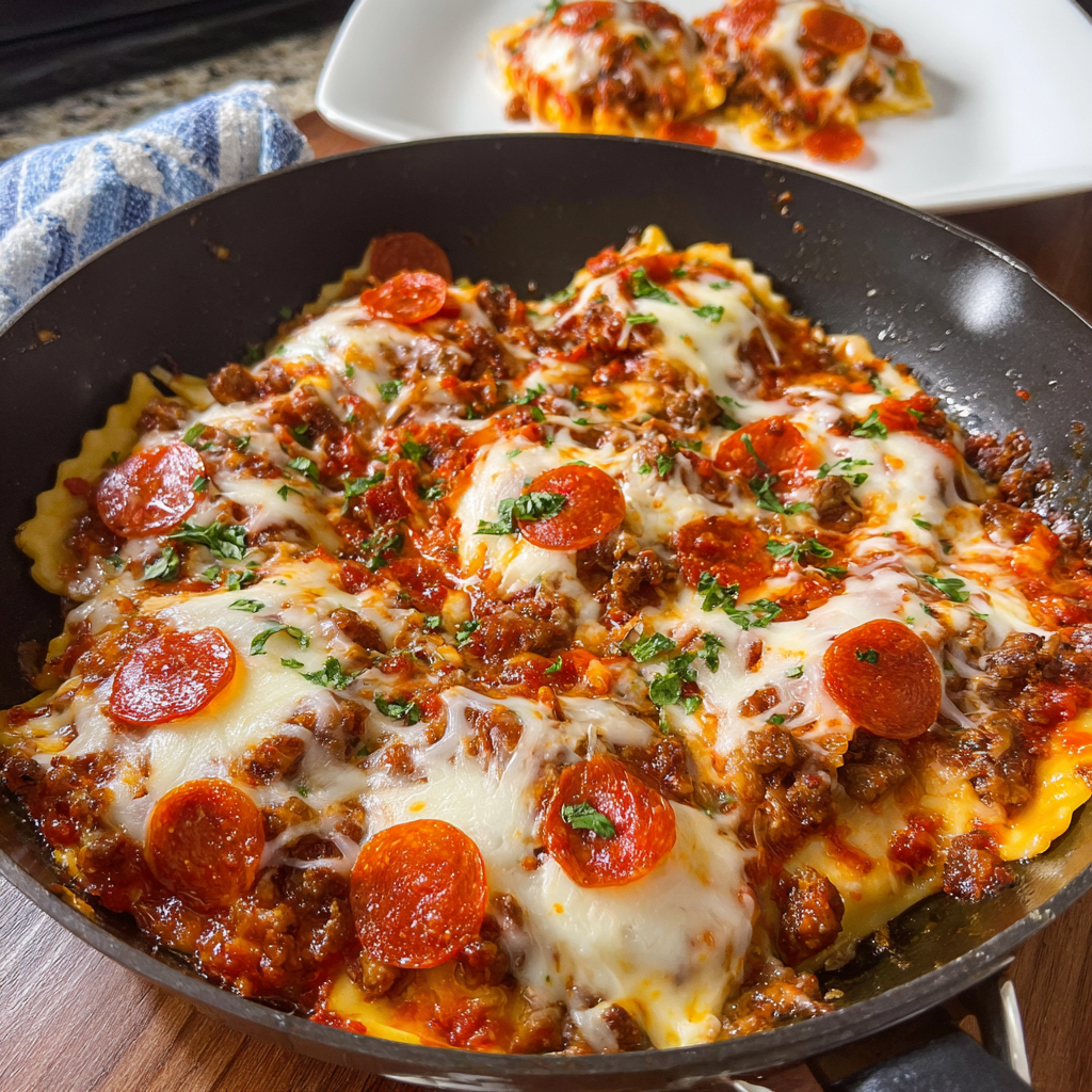 A pan of cheesy pizza ravioli.