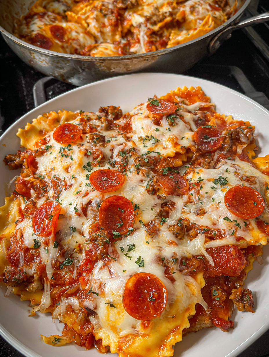 A plate of cheesy pizza ravioli.