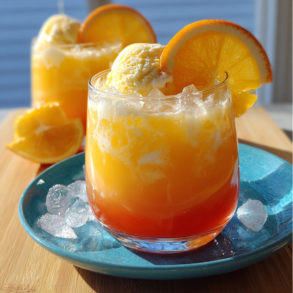 A glass of orange punch with ice and orange slices.