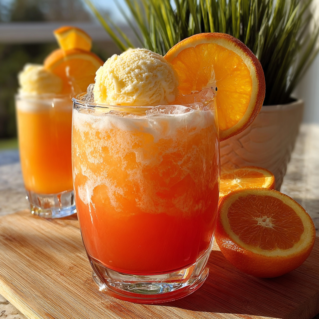 A glass of orange punch with orange slices on the side.