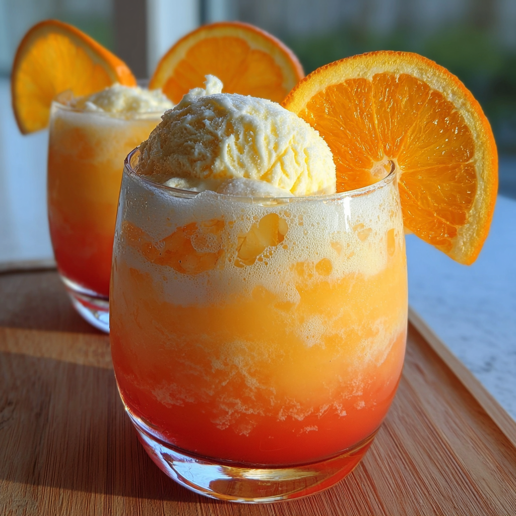A glass of orange punch with a slice of orange in it.