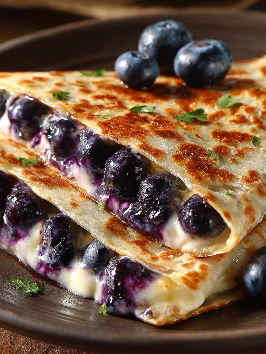 A breakfast quesadilla with blueberries on top.