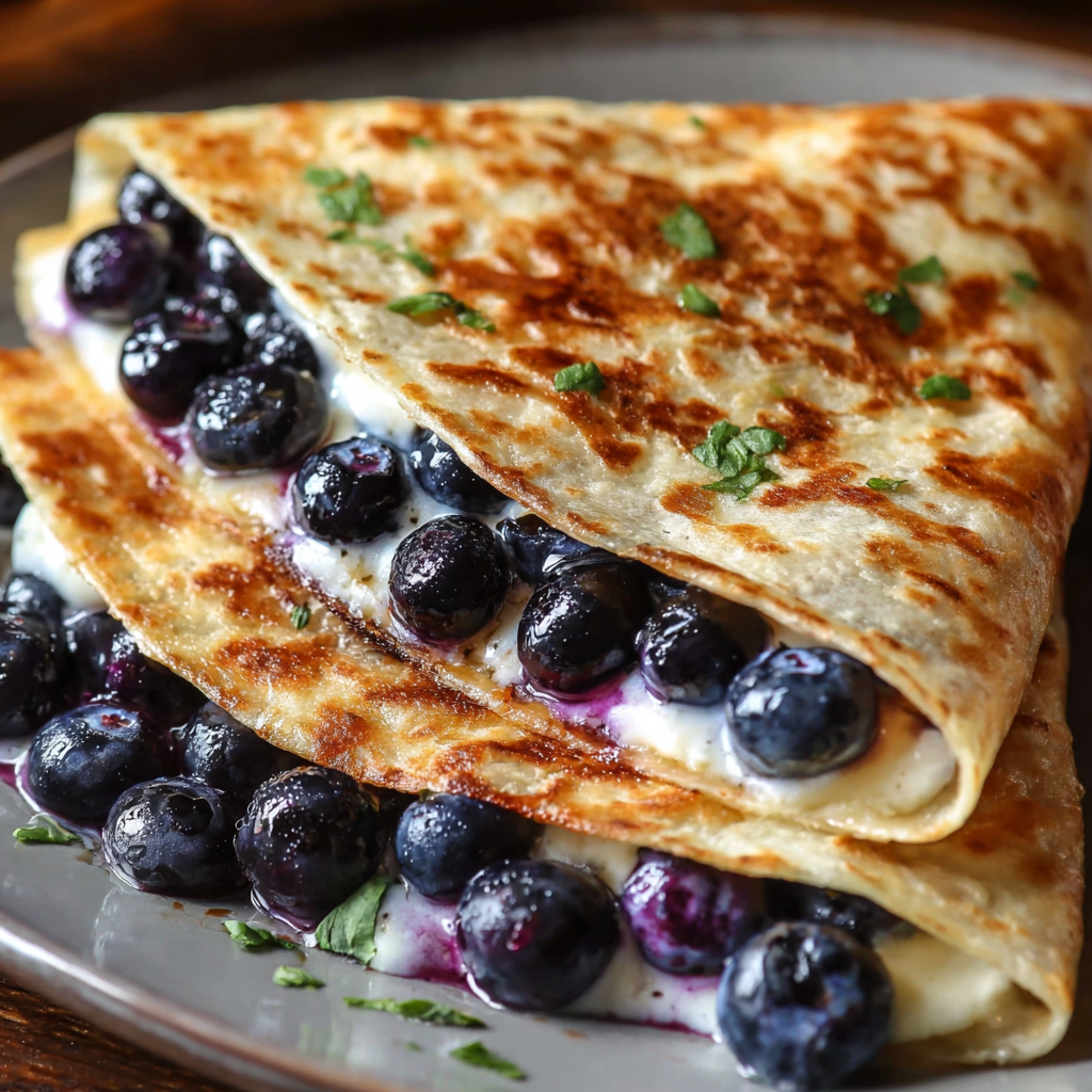 A quesadilla with blueberries and whipped cream.