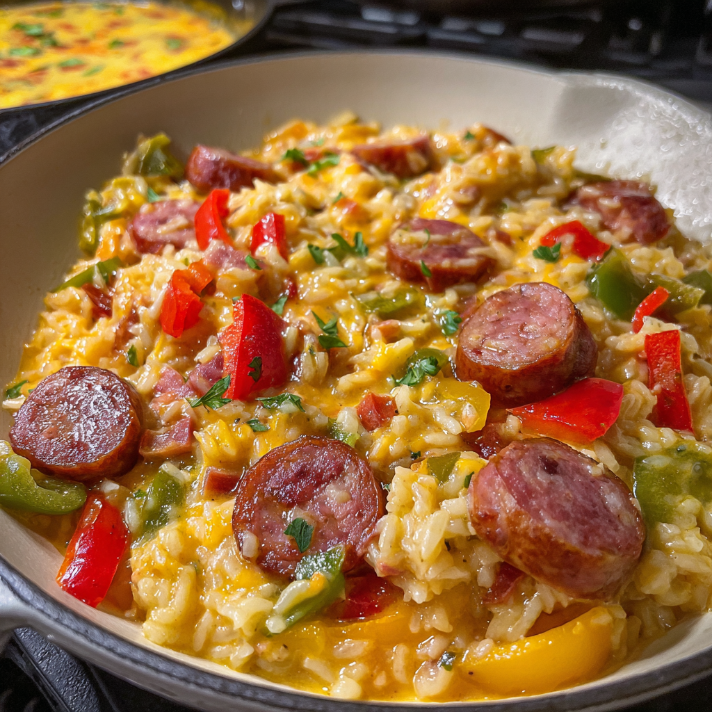A dish of rice and sausage with a spoon in it.