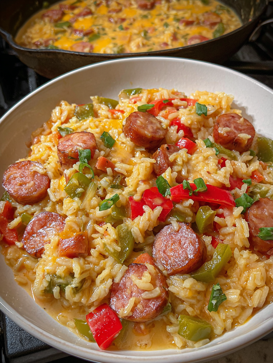 A bowl of rice and sausage.