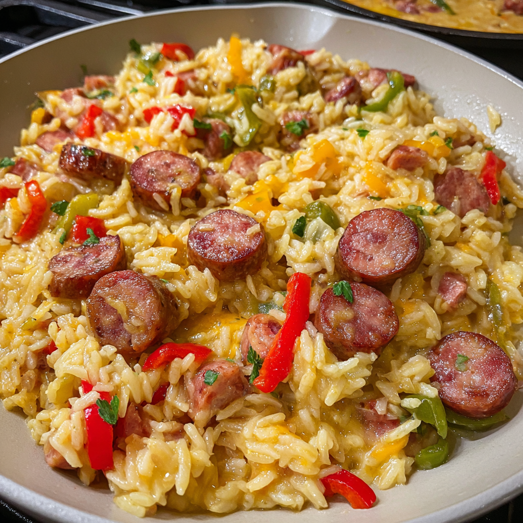 A bowl of rice and sausage with peppers and onions.