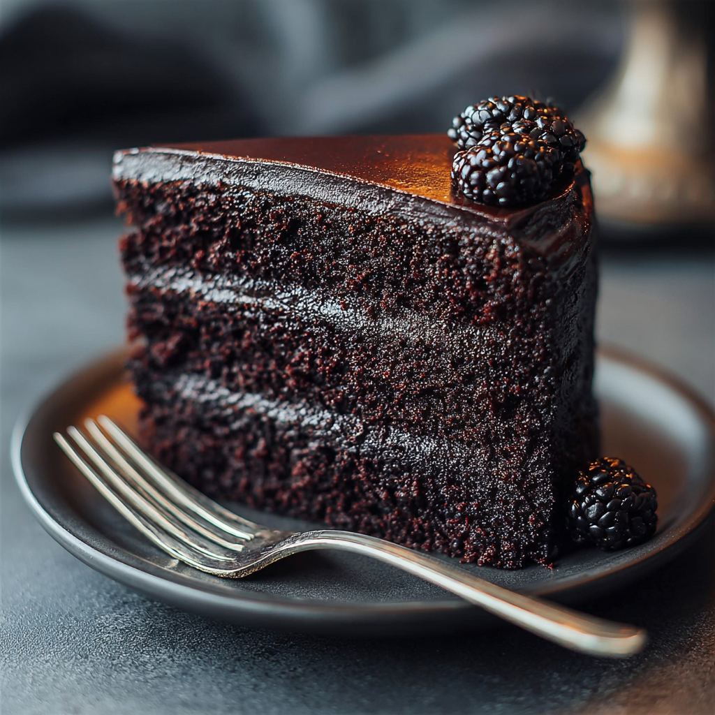 A slice of black velvet cake on a plate.