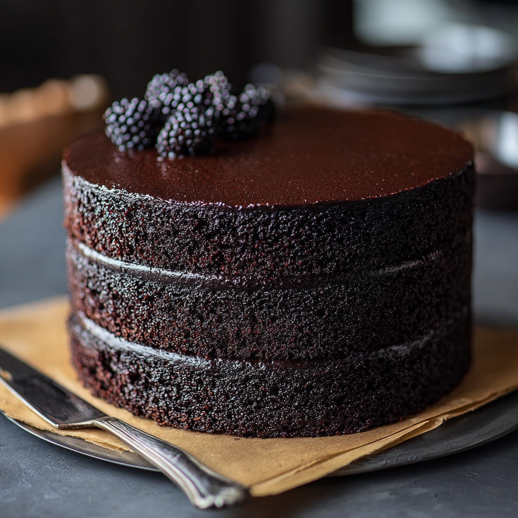 A chocolate cake with blackberries on top.
