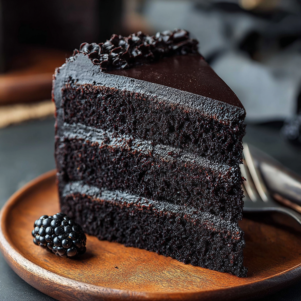 A slice of chocolate cake on a wooden plate.