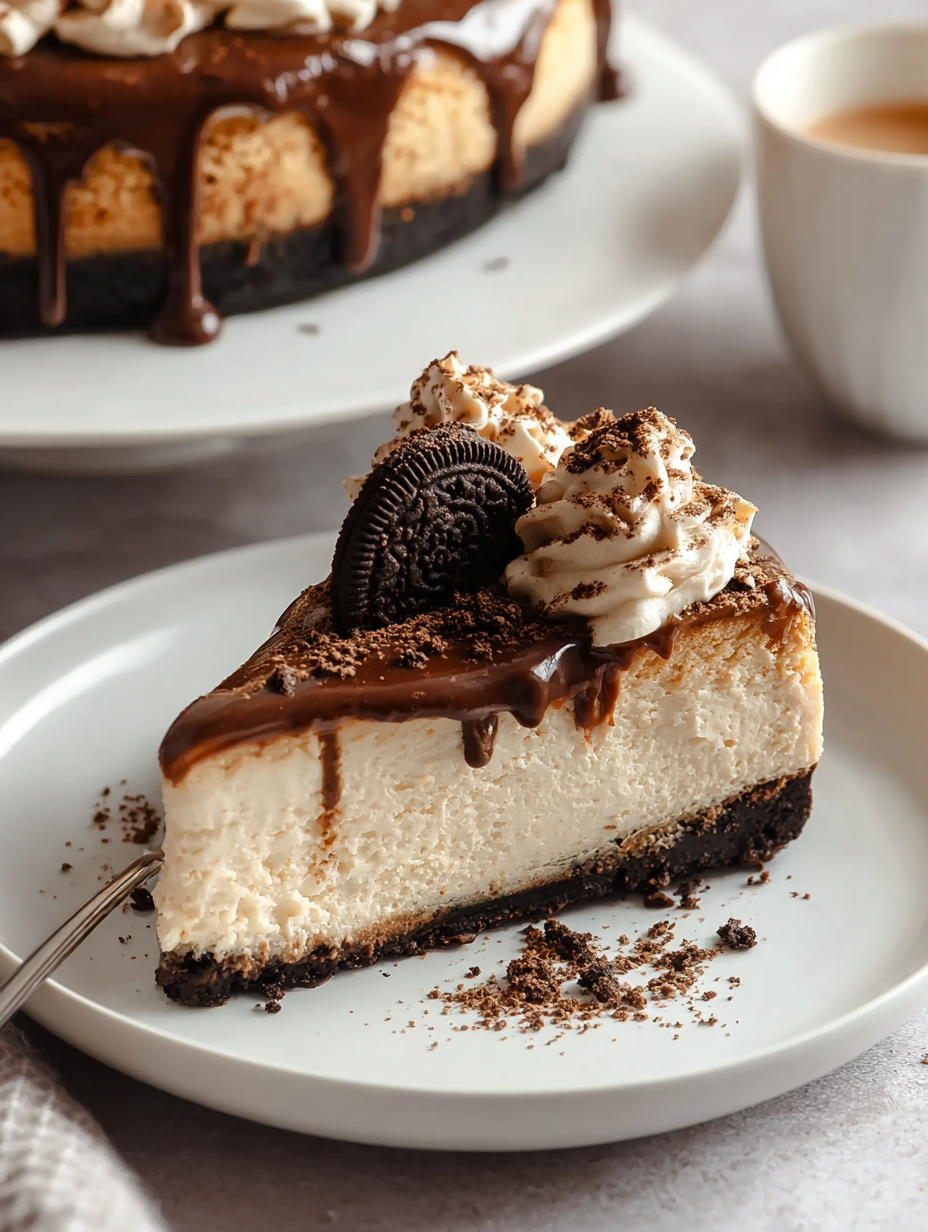 A slice of creamy coffee cheesecake with chocolate drizzle.
