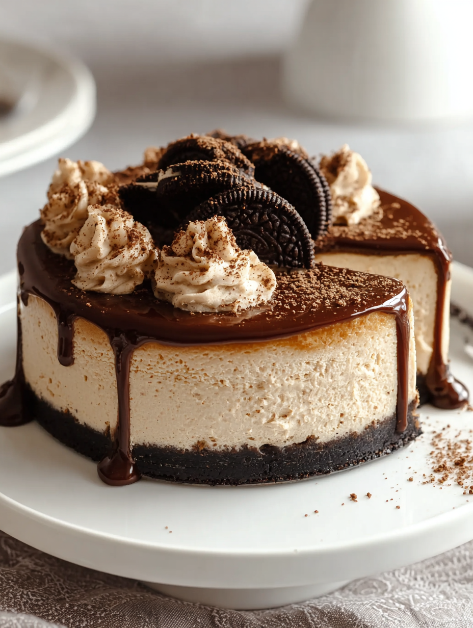 A slice of creamy coffee cheesecake with chocolate drizzle.