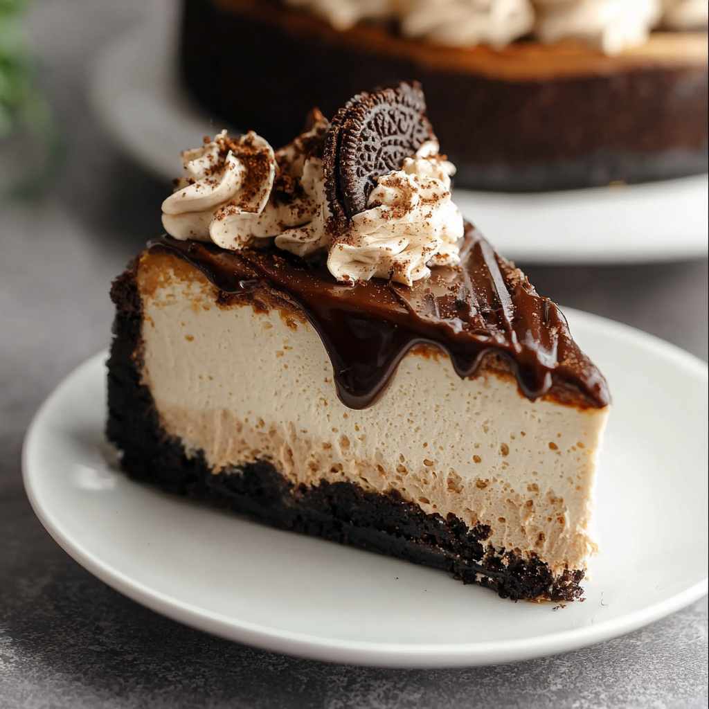 A slice of creamy coffee cheesecake with chocolate drizzle.