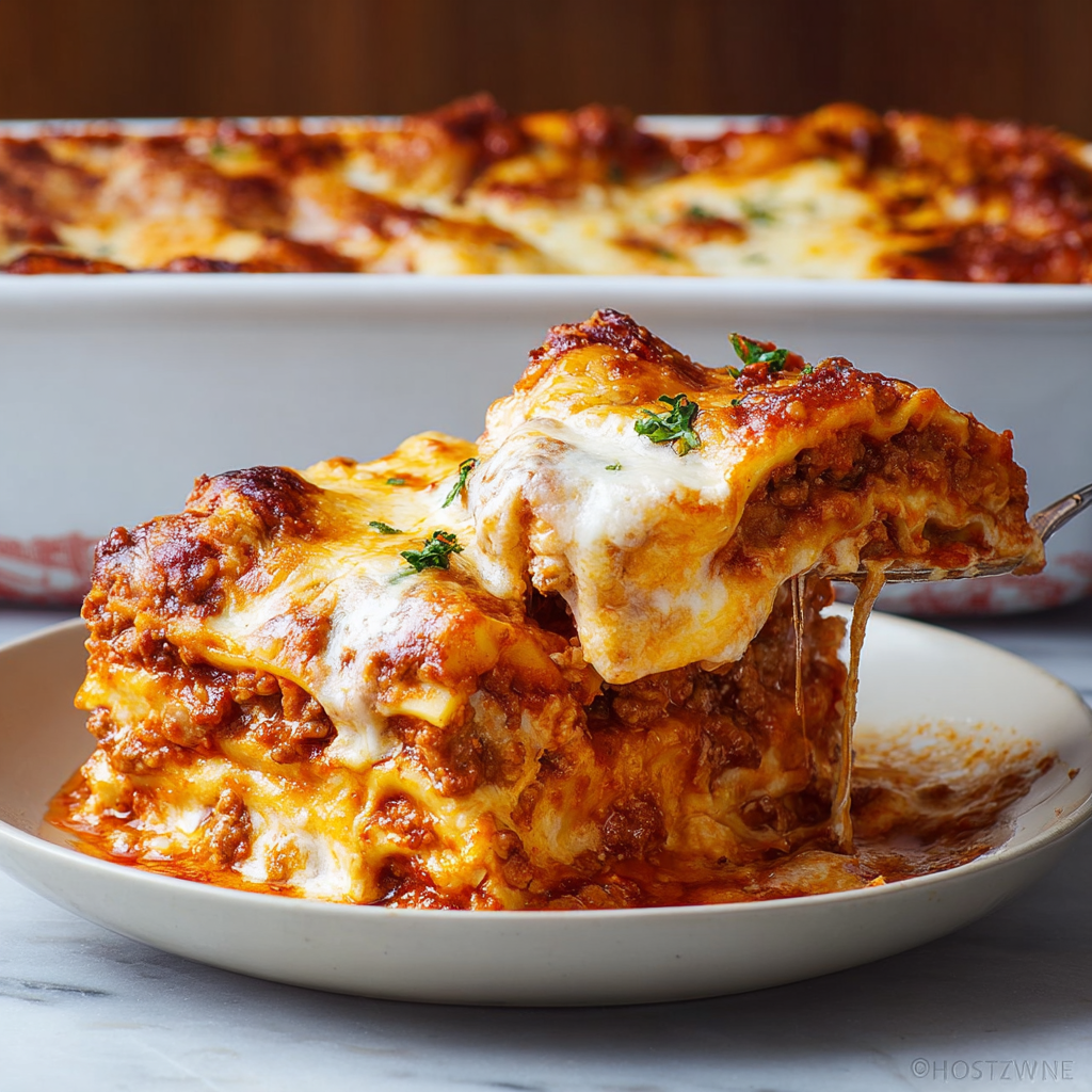 A close up of a delicious homemade lasagna.