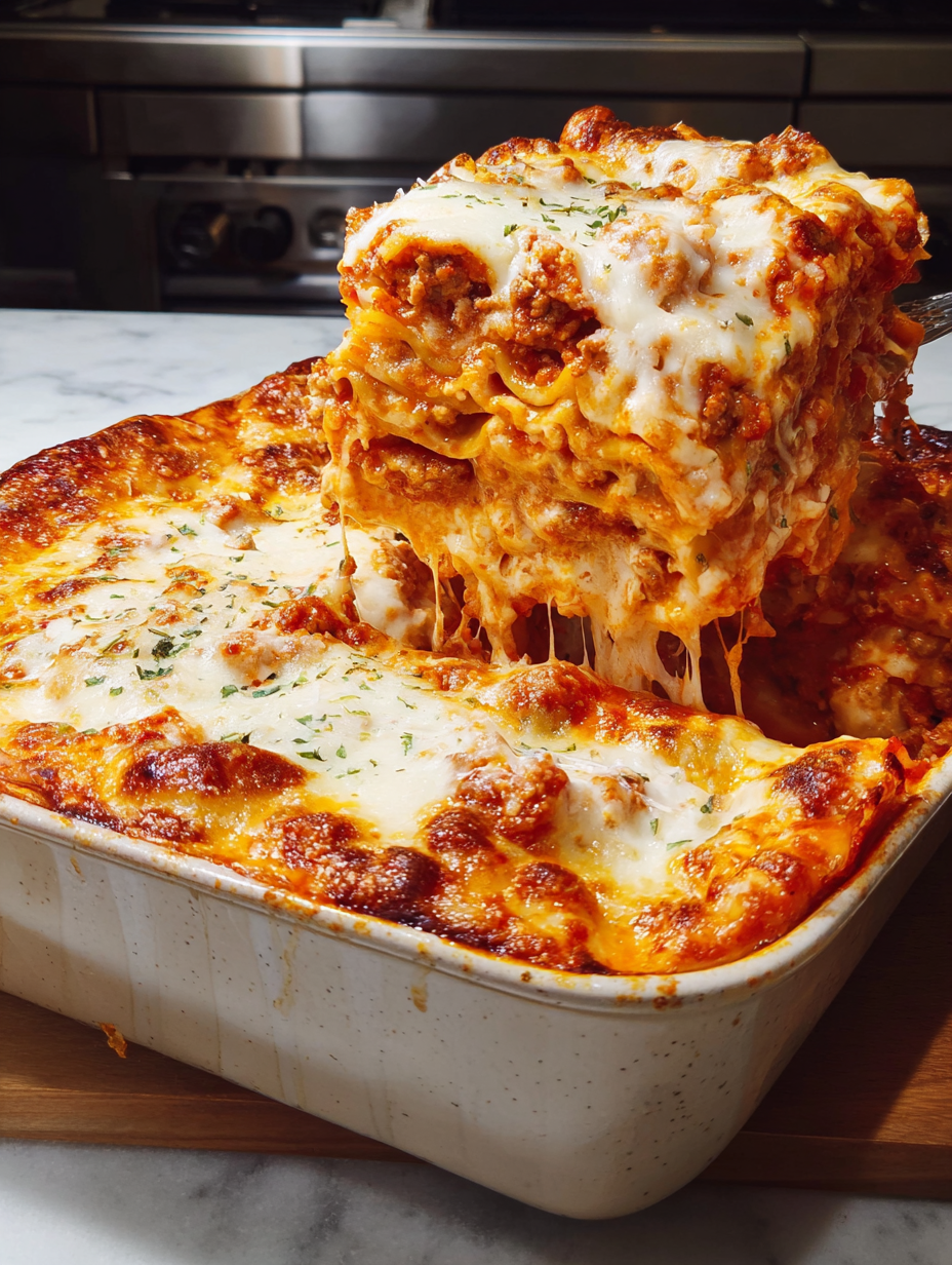 A large piece of lasagna is being cut into slices.