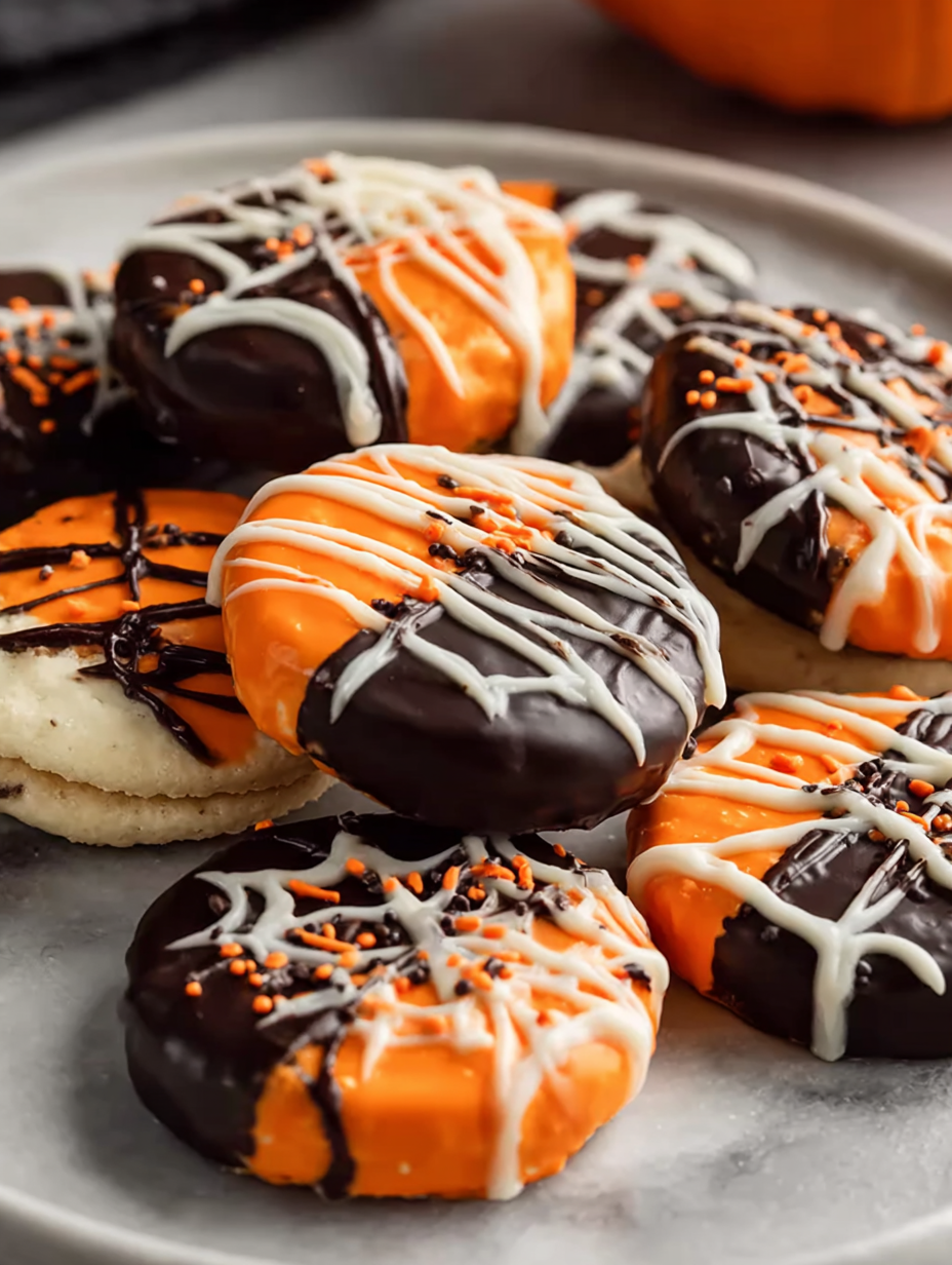 Halloween crackers made with Ritz snacks and candy-melt coating.