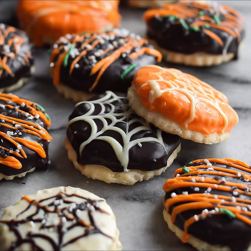 A plate of cookies with orange and black icing.