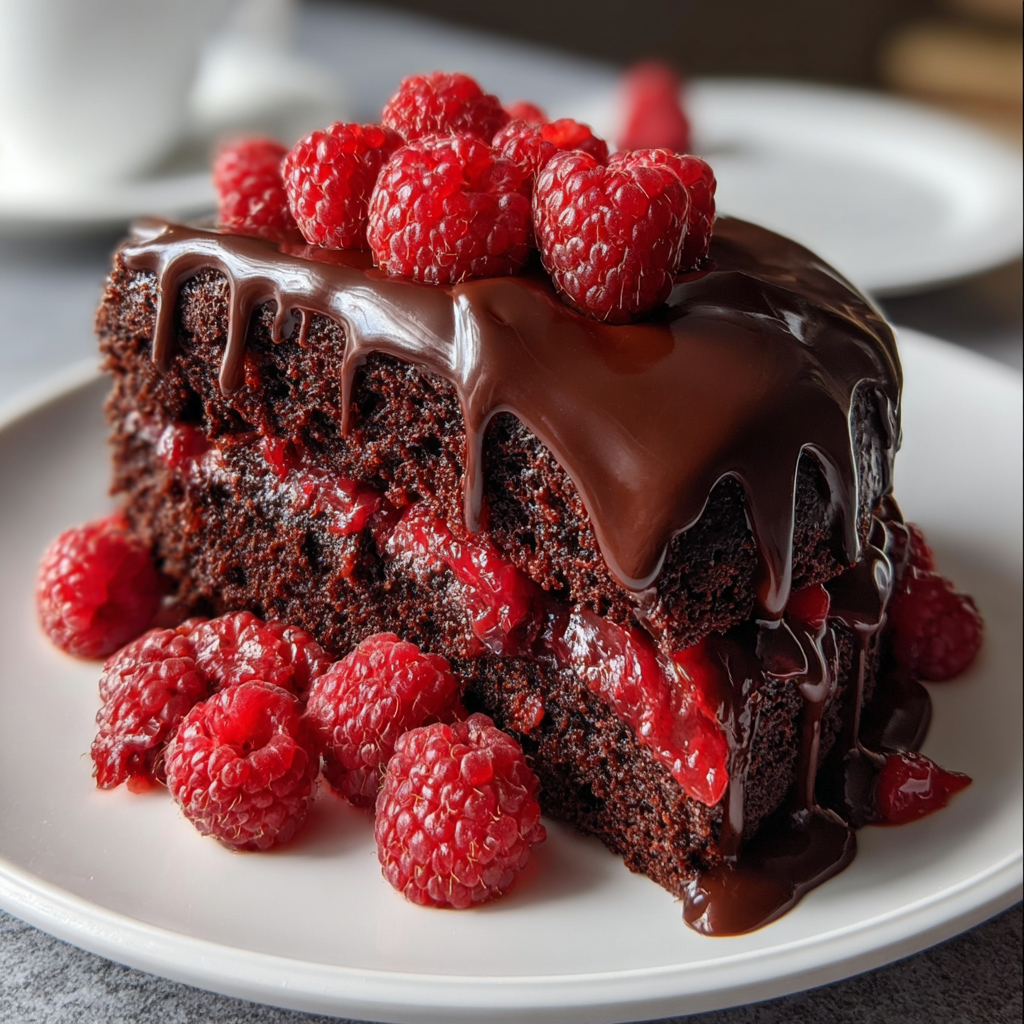 A slice of chocolate raspberry cake with chocolate drizzled on top.