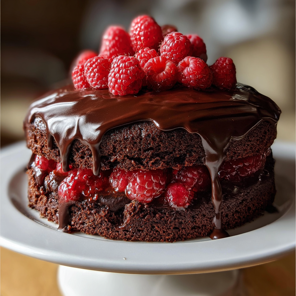 A chocolate cake with raspberries on top.