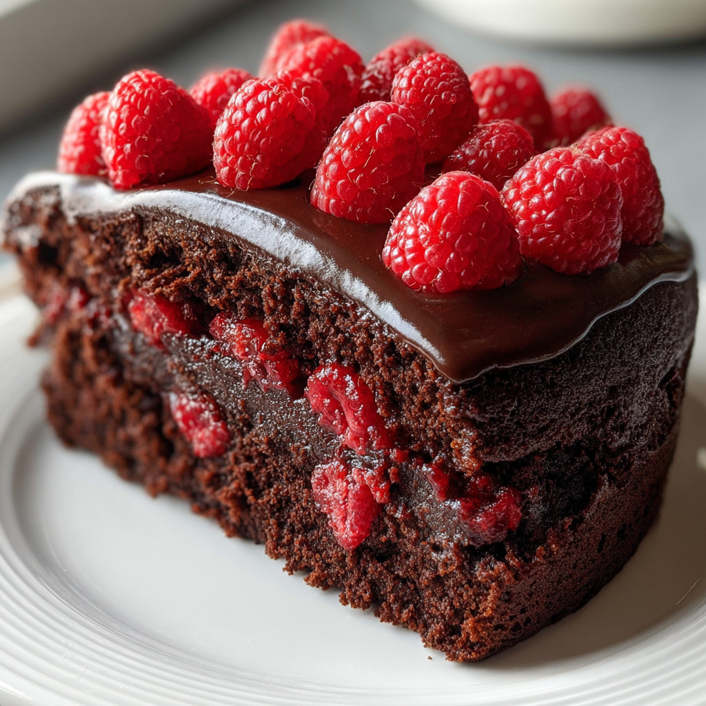 A slice of chocolate raspberry cake on a white plate.