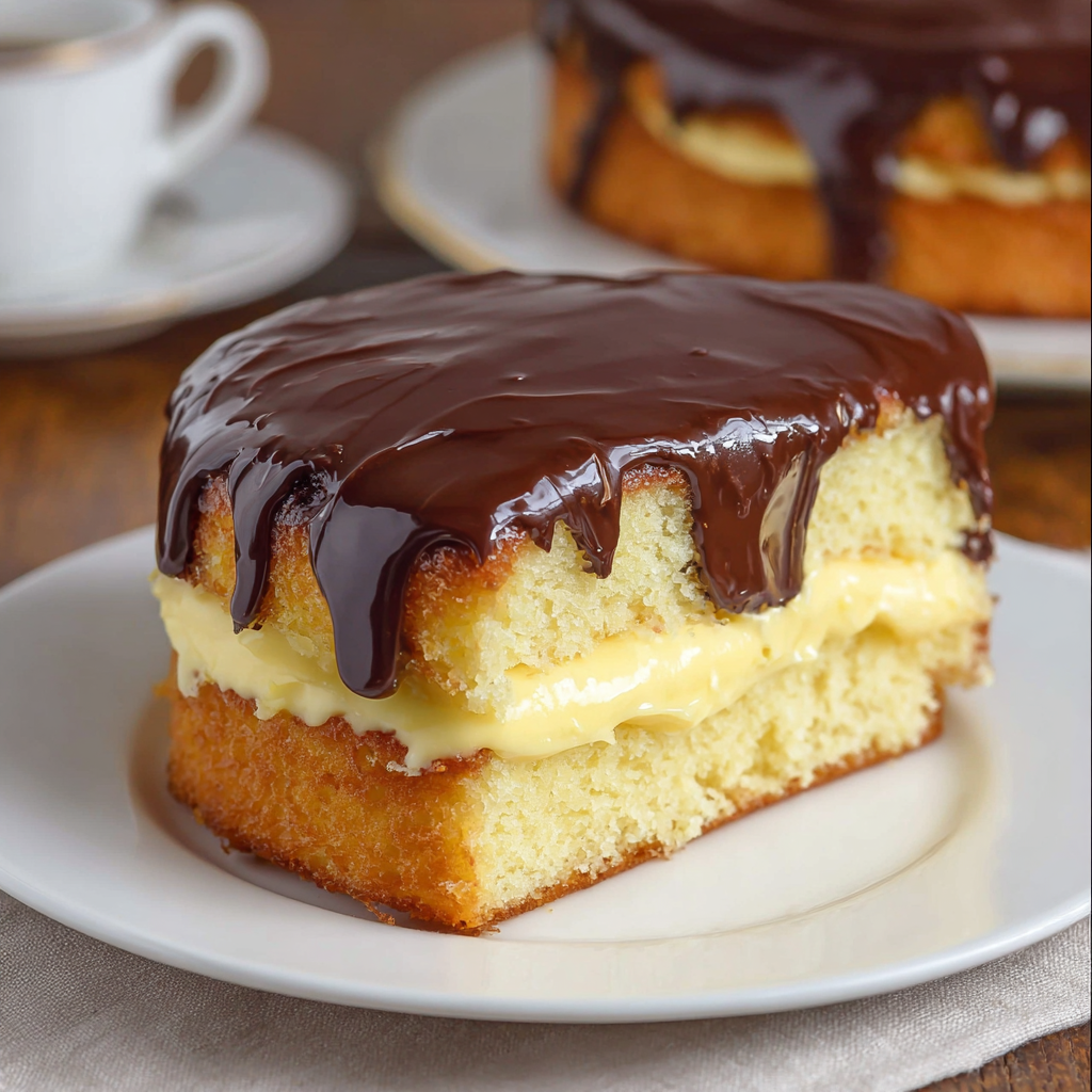 A slice of Boston Cream Pie Cake.