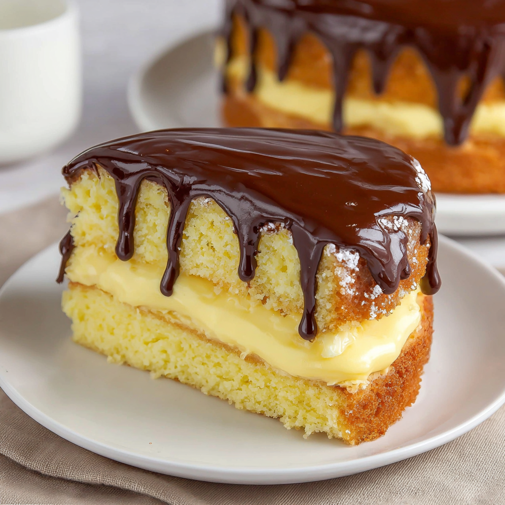 A slice of chocolate covered Boston Cream Pie Cake.