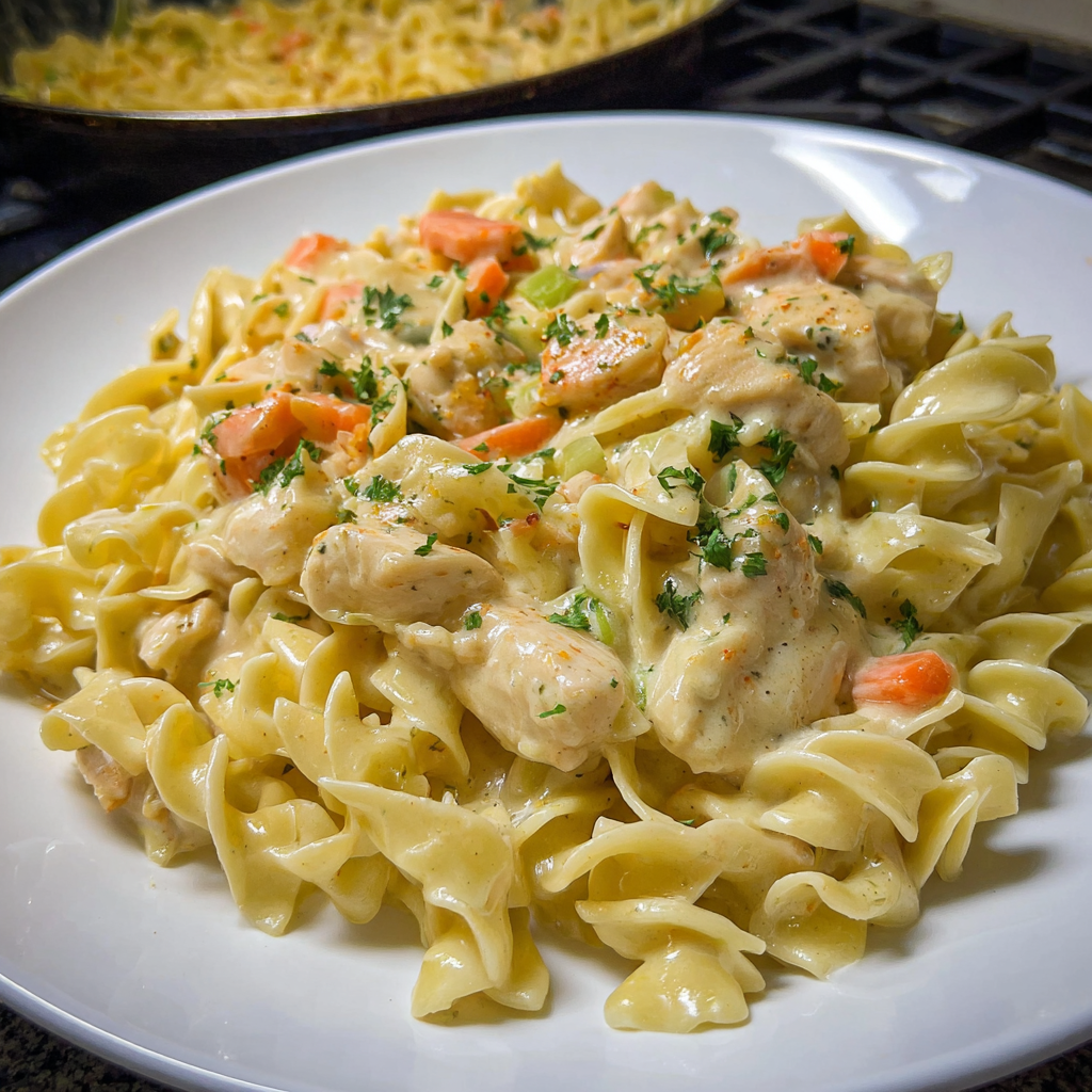 A plate of creamy chicken and noodles.
